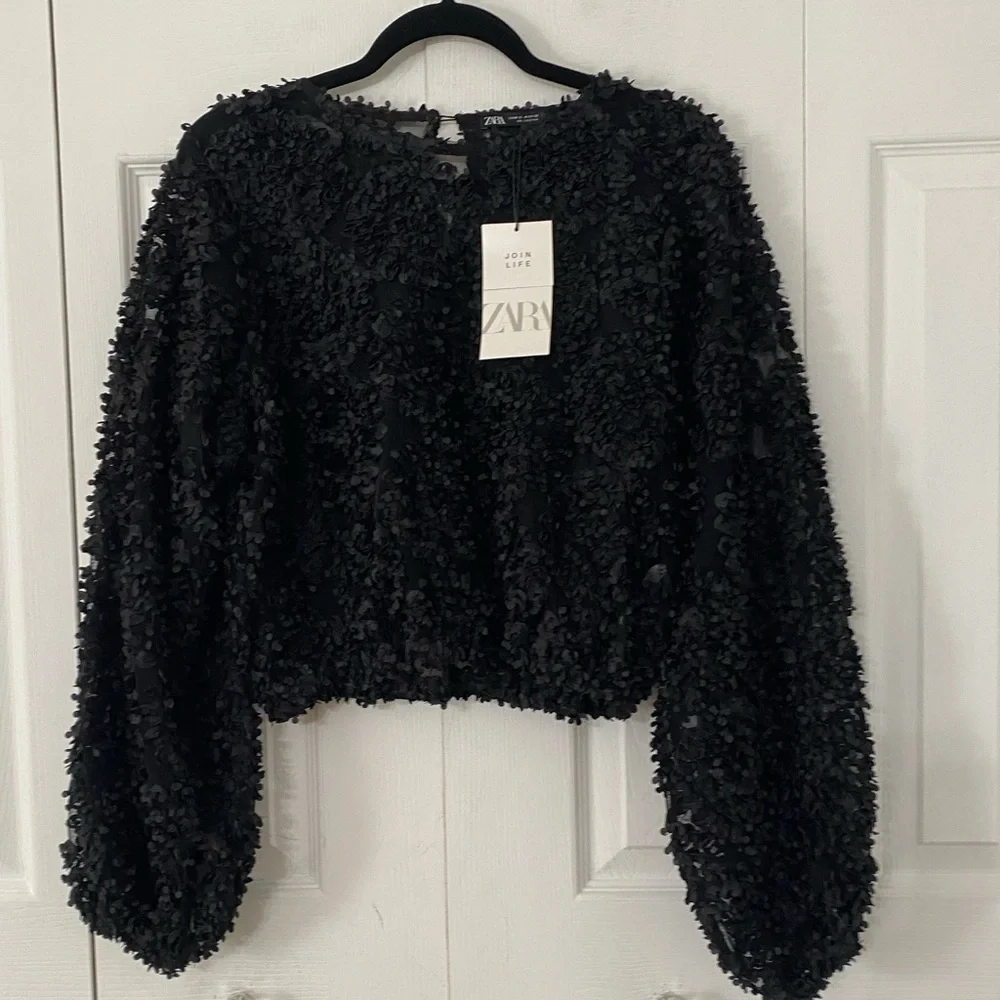 Zara Black Textured Sheer Long-Sleeve Top